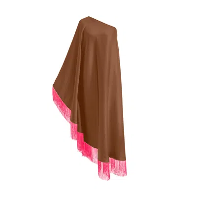 Toma Women's Pink / Brown Neon Pink Fringe Off Shoulder Brown Midi Dress In Multi