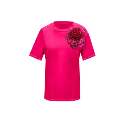 Toma Women's Pink Cotton T-shirt With Pink Side Sequin Rose