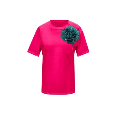 Toma Women's Pink / Green Pink Cotton T-shirt With Green Side Sequin Rose
