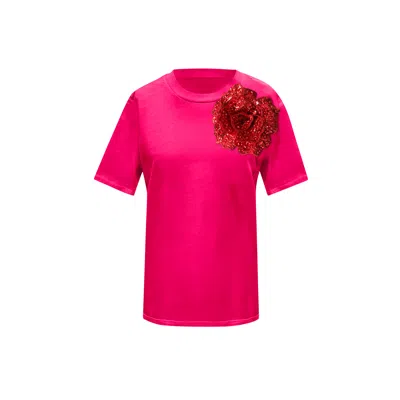 TOMA WOMEN'S PINK / RED PINK COTTON T-SHIRT WITH RED SIDE SEQUIN ROSE