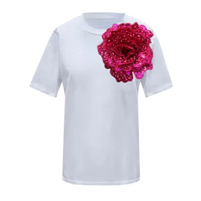 Toma Women's Pink / White Flower Summer White Cotton T-shirt With Hot Pink Side Sequin Rose In Multi