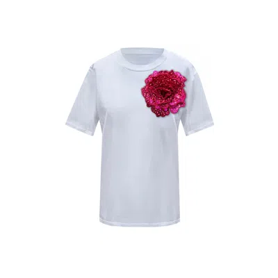 Toma Women's Pink / White Flower White Cotton T-shirt With Top Side Fuchsia Sequin Rose