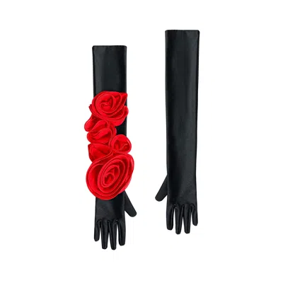 Toma Women's Red / Black Black Elegant Gloves With Red Roses In Multi