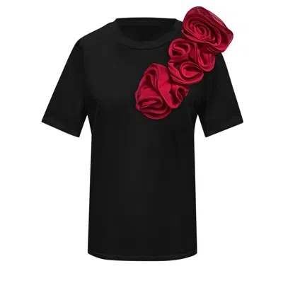 Toma Women's Red / Black Flower Sided Burgundy Roses Black Cotton T-shirt In Multi