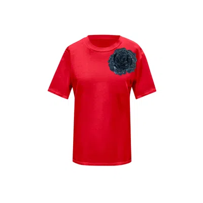 Toma Women's Red / Black Red Cotton T-shirt With Black Side Sequin Rose