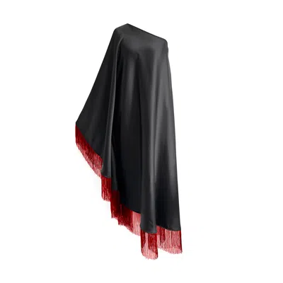 TOMA WOMEN'S RED / BLACK RED FRINGE OFF SHOULDER SUMMER GLAM MAXI BLACK DRESS