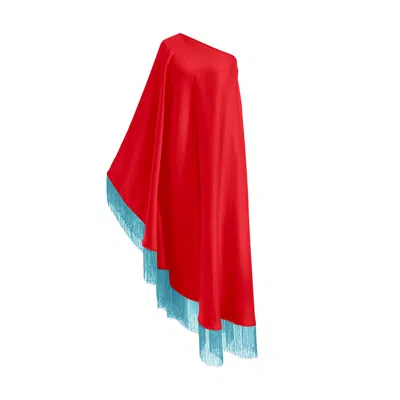 Toma Women's Red / Blue Baby Blue Fringe Off Shoulder Glam Red Midi Dress