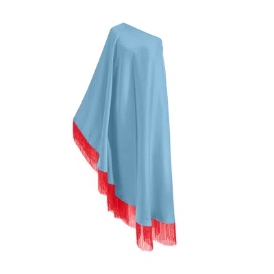 Toma Women's Red / Blue Red Fringe Off Shoulder Baby Blue Midi Dress In Multi