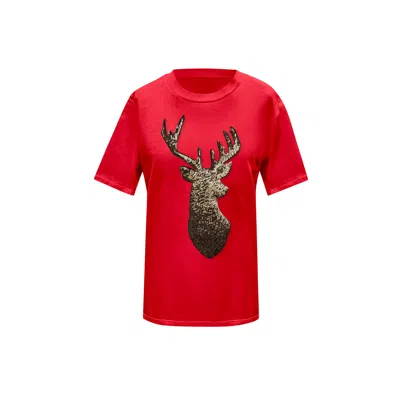 Toma Women's Red / Gold Gold Reindeer Christmas Sequin Red T-shirt In Multi