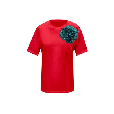Toma Women's Red / Green Red Cotton T-shirt With Green Side Sequin Rose