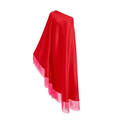 Toma Women's Red / Pink Neon Pink Fringe Off Shoulder Red Midi Dress