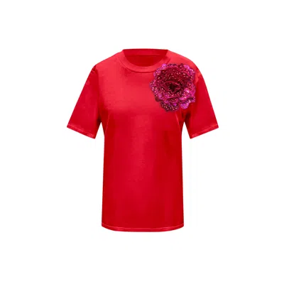TOMA WOMEN'S RED / PINK RED COTTON T-SHIRT WITH PINK SIDE SEQUIN ROSE