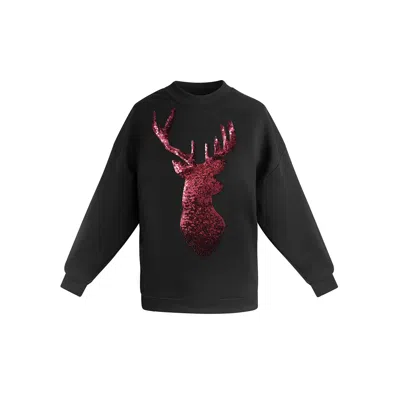 Toma Women's Red Reindeer Christmas Sequin Black Sweatshirt
