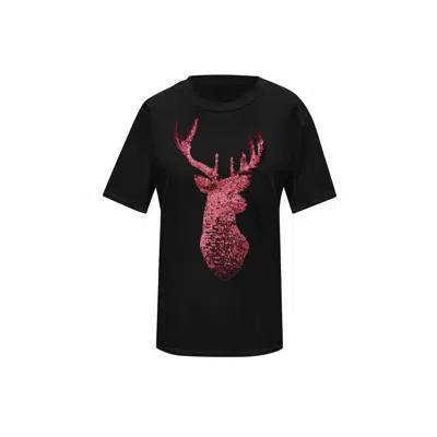 Toma Women's Red Reindeer Christmas Sequin Black T-shirt