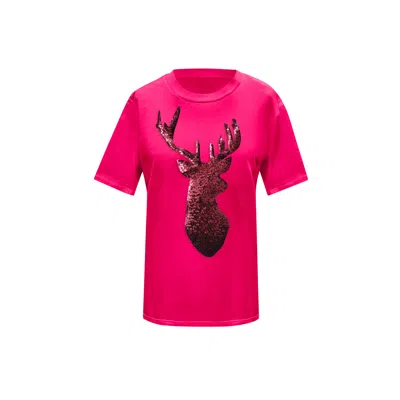 Toma Women's Red Reindeer Christmas Sequin Pink T-shirt