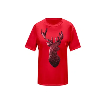 Toma Women's Red Reindeer Christmas Sequin Red T-shirt