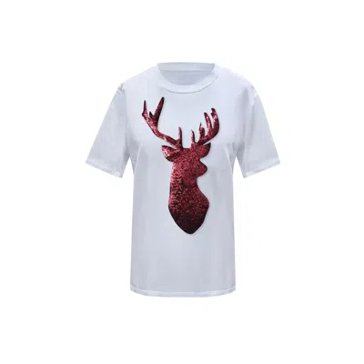 Toma Women's Red Reindeer Christmas Sequin White T-shirt