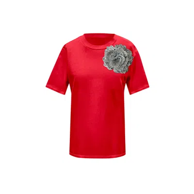 Toma Women's Red / Silver Red Cotton T-shirt With Silver Side Sequin Rose