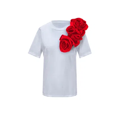 Toma Women's Red / White Flower Red Sided  Roses Cotton T-shirt In Multi