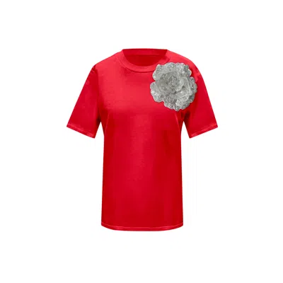 Toma Women's Red / White Red Cotton T-shirt With White Side Sequin Rose