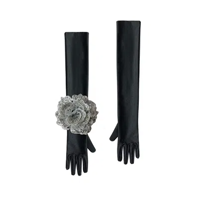 Toma Women's Silver / Black Black Evening Chic Gloves With Silver Sequin Rose In Multi