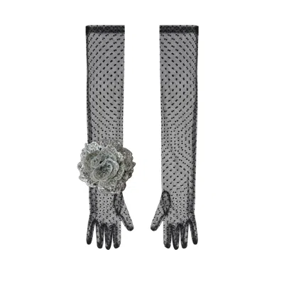 Toma Women's Silver / Black Long Black Polka Dot Elegant Gloves With Silver Sequin Rose In Multi