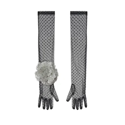 Toma Women's White / Black Long Black Polka Dot Elegant Gloves With White Sequin Rose In Multi