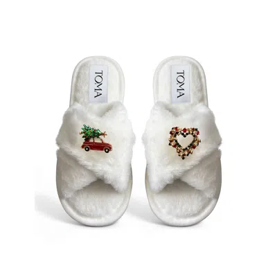 Toma Women's White Classic  Faux Fur Open Toe Christmas Heart Slippers In Multi