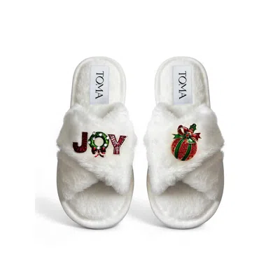 Toma Women's White Classic  Faux Fur Open Toe Christmas Joy Slippers
