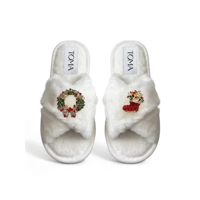 Toma Women's White Classic  Faux Fur Open Toe Christmas Slippers