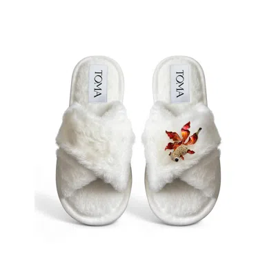 Toma Women's White Classic  Faux Fur Open Toe Fish Rhinestone Slippers In Multi