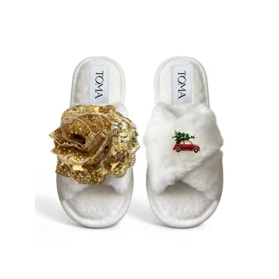 Toma Women's White Classic  Faux Fur Open Toe Gold Sequin And Christmas Car Slippers In Animal Print