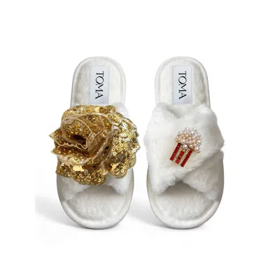 Toma Women's White Classic  Faux Fur Open Toe Gold Sequin And Popcorn Slippers