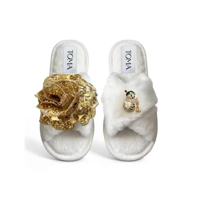 Toma Women's White Classic  Faux Fur Open Toe Gold Sequin And Snowman Slippers