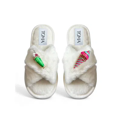 Toma Women's White Classic  Faux Fur Open Toe Ice Cream Slippers