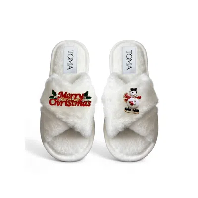 Toma Women's White Classic  Faux Fur Open Toe Merry Christmas Slippers
