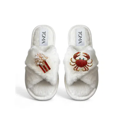 Toma Women's White Classic  Faux Fur Open Toe Popcorn And Crab Slippers