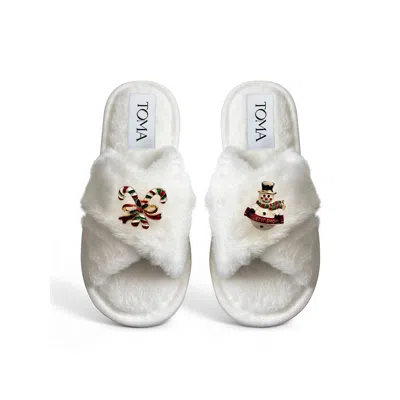 Toma Women's White Classic  Faux Fur Open Toe Snowman Slippers In Multi