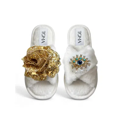 Toma Women's White Classic  Open Toe Gold Sequin Flower And Blue Eye Slippers In Multi