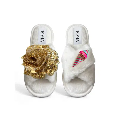 Toma Women's White Classic  Open Toe Gold Sequin Flower And Candy Ice Cream Slippers
