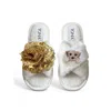 Toma Women's White Classic  Open Toe Gold Sequin Flower And Dog One Slippers In Animal Print