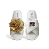 Toma Women's White Classic  Open Toe Gold Sequin Flower And Dog Seven Slippers In White