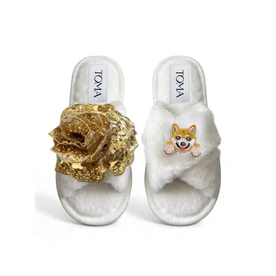 Toma Women's White Classic  Open Toe Gold Sequin Flower And Dog Ten Slippers