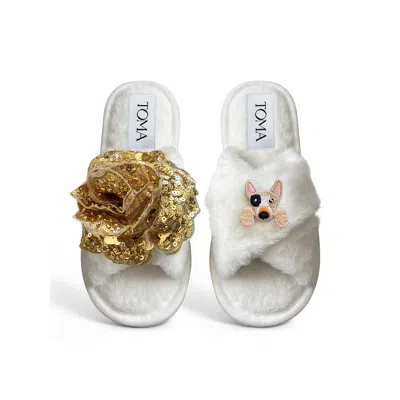 Toma Women's White Classic  Open Toe Gold Sequin Flower And Dog Three Slippers In Multi