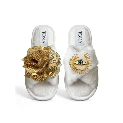 Toma Women's White Classic  Open Toe Gold Sequin Flower And Green Eye Slippers In Multi