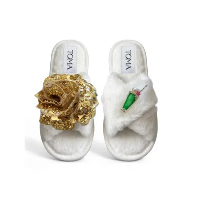 Toma Women's White Classic  Open Toe Gold Sequin Flower And Ice Cream Slippers In Animal Print