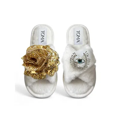 Toma Women's White Classic  Open Toe Gold Sequin Flower And Silver Eye Slippers In Multi