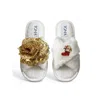 Toma Women's White Classic  Open Toe Gold Sequin Flower Christmas Boot Slippers In White