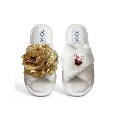 Toma Women's White Classic  Open Toe Gold Sequin Flower Merry Christmas Cupcake Slippers