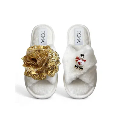 Toma Women's White Classic  Open Toe Gold Sequin Flower Snowman Slippers